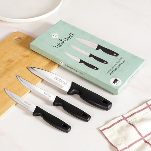 Image of Nestasia Stainless Steel Kitchen Knife Set of 3 for Home (10 Inch, 9 Inch, 8 Inch) - Rust-Resistant Sharp Vegetable Knife with Non-Slip Handle for Cutting, Chopping, Slicing & Cooking