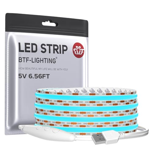 Image of BTF-LIGHTING 5V USB Ice Blue COB LED Strip Lights Super Bright Dimmable LED Tape Light,6.56FT 320LEDs Flexible Light Strip with Strong 3M Tape for 3D Printer,TV Backlight,Cabinet,Home Lighting