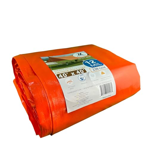Zeluga 24-551-4040 220GSM Heavy Duty Orange Poly Tarp - 40 ft x 40 ft, 12 Mil Thick, 100% Waterproof with UV Treatment, Reinforced Edges & Rust-Proof Grommets for Outdoor, Construction, and Storage