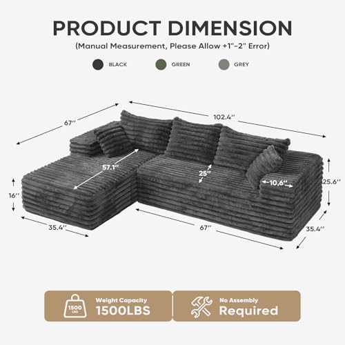 Image of 2 inch Corduroy Boneless Couches for Living Room, L Shape Sofa with Chaise | 102.4 inch Modular Sectional Sofa, Cloud Couch Sectional with Deep Seat, No Assembly, Grey, Left Chaise