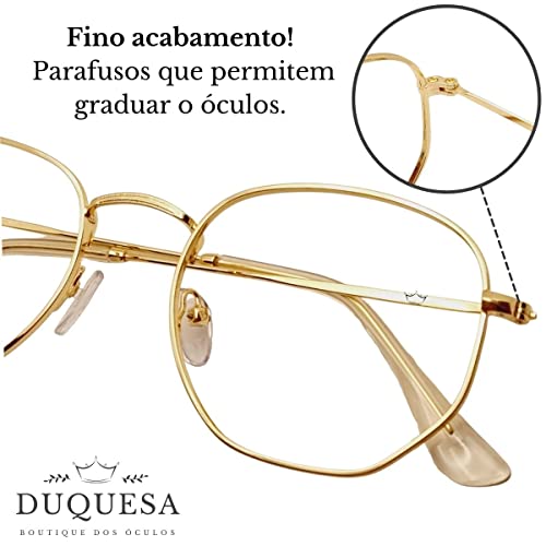 Óculos Armação Grau Hexagonal Retro Feminino Original Dourado