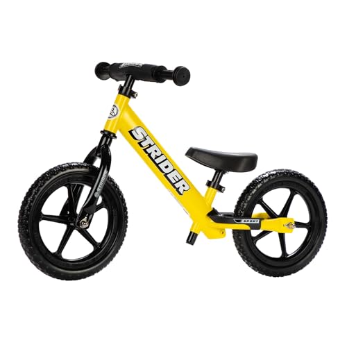 Strider 12” Sport Bike, Yellow - No Pedal Balance Bicycle for Kids 1 to 4 Years - Includes Safety Pad, Padded Seat, Mini Grips & Flat-Free Tires - Tool-Free Assembly & Adjustments