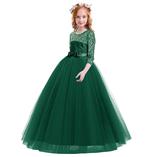 Image of Girls Flower Vintage Floral Lace 3 /4 Sleeves Floor Length Dress Wedding Party Evening Formal Pegeant Dance Gown