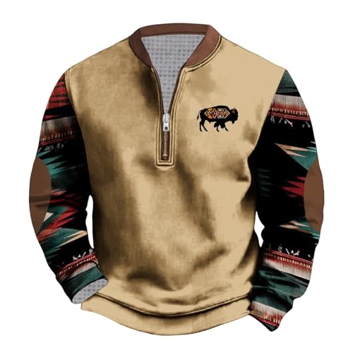 Quarter Zip Pullover Men Aztec Ethnic Printing Sweatshirts Long Sleeve Vintage Style Pullover Casual Slim Fit Shirts