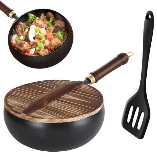 Sosisul Unbeschichtete Eisenpfanne,Japanische handgeschmiedeter Antihaftpfanne, Vielseitiges Kochgefäß zum Simmern und Braten bei hoher Hitze,Gas, Induktionsherd-Kompatibel (Holzdeckel)
