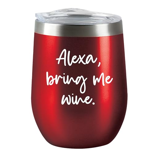 Chris's Stuff 12 oz Wine Tumbler - Iced Coffee Mug with Splash-Proof Lid Stainless Steel Double Wall Vacuum Insulated with Inner Layer Copper Keep Drinks Cold/Hot - Quote: Alexa Bring me Wine (Red)