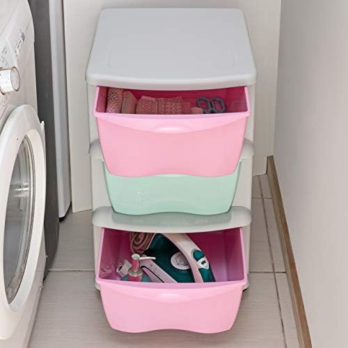 Maxi Nature Plastic Storage Drawers on Wheels - Sturdy Frame, Durable, Heavy Duty Organiser - 3 Tier Large Storage Unit for Kids Bedroom, Bathroom, Office - Made in Europe - Pink / Blue