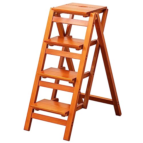 Honey Color Solid Wood Folding Ladder - Multi-Functional Decorative Staircase for Home, Library, Kitchen & Flower Shelves - Stylish & Space-Saving Design