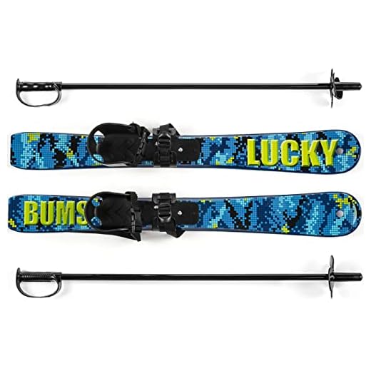 Lucky Bums Kids Beginner Ski and Pole set with Bindings, Digital Blue