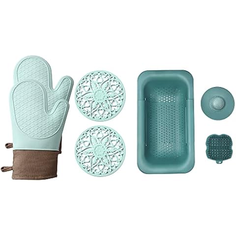 Domonic Home Oven Mitts and Pot Holders Sets,Over The Sink Colander, Aqua Sky+Blue Cover