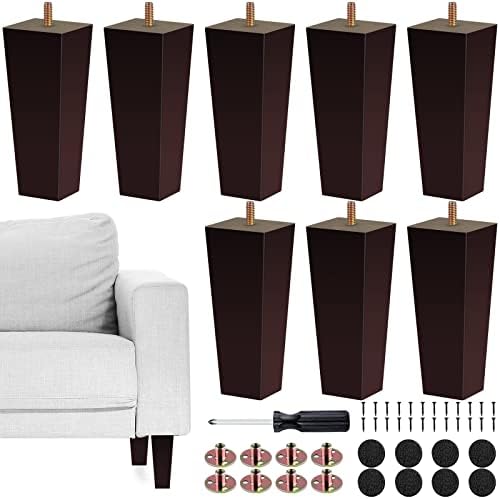 TURSTIN Set of 8 Furniture Legs 6 Inch Square Solid Wood Couch Legs Replacement Sofa Legs Mid Century Furniture Feet for Armchair Bed Dresser Cabinet Include Installation Hardware, Brown