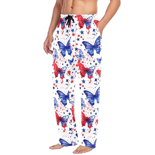 Blue and Red Butterfly Men's Pajamas Pants Cotton Sleep Bottoms Pants Lounge Sleepwear - S4