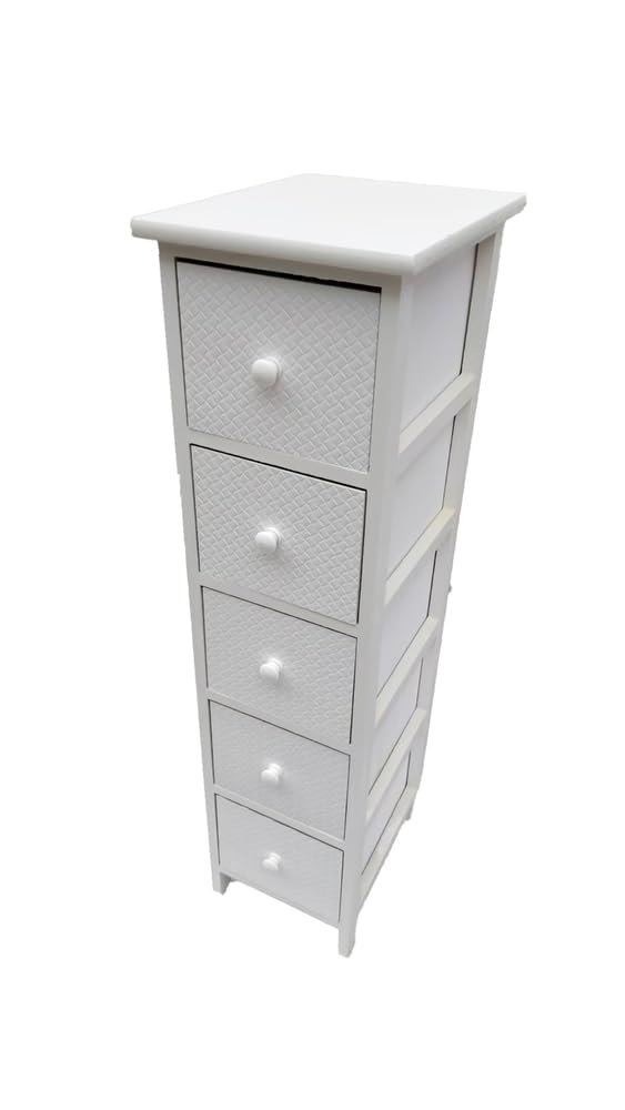 VERDELOOK | Cassettiera con 5 Cassetti In Legno Bianco, 26x32 – H.98 cm, Mobiletto Salvaspazio per Bagno, Lavanderia, Ripostiglio, Verticale, Mobile Contenitore con 5 Cassetti