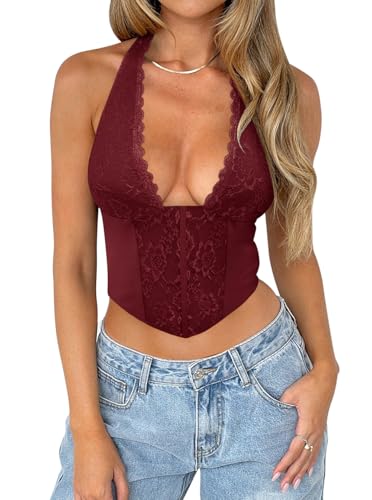 Women Sexy Lace Halter Neck Tank Top Sleeveless Backless Y2k Trendy Going Out Corset Crop Tops4