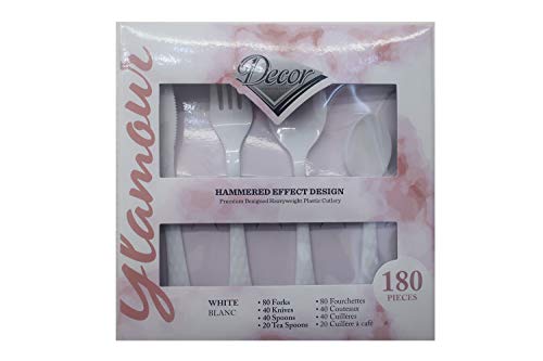 Decorline - Harte Plastik Besteck Set - Wiederverwendbar Elegante Glamour Kollektion, stabiles 180-teiligs Löffel, Gabeln und Messer, Partygeschirr für alle Gelegenheiten Glamour Combo -Weiss Cover