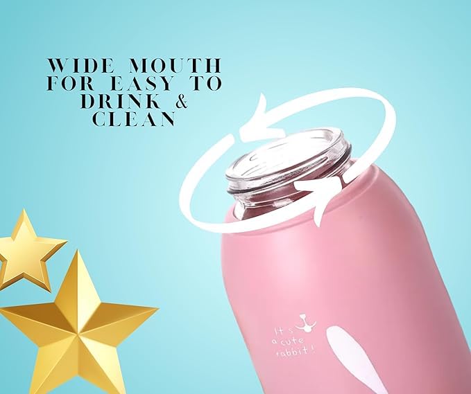 Image of Premium Rabbit Print Glass Water Bottle with Food grade Silicone Plastic - 330ml Leak Proof, BPA Free, For Kids or Toddlers, Easy to carry
