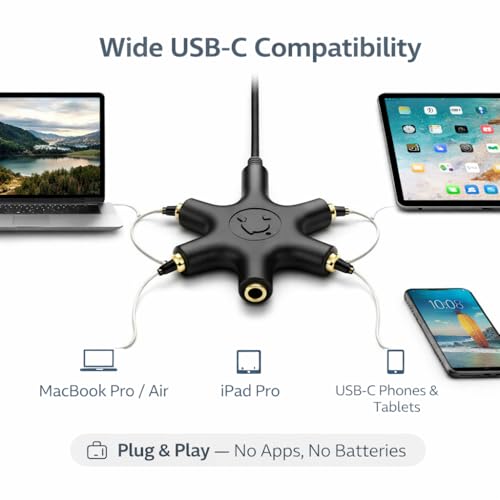 Image of Mizi USB-C Headphone Splitter 5-Way - Type-C to 3.5mm Audio Adapter with 1 Male to 5 Female Ports, Multi-Headphone Aux Splitter for Phone, Tablet, Laptop, PC - Black