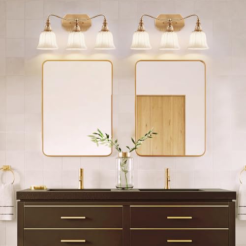 Image of LmnLvn 3‑Light Bathroom Vanity Light, Matte White with Crystal Glass Shade