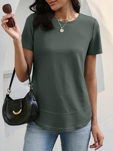 Image of ANRABESS Womens Waffle Knit Tops Short Sleeve Crewneck Shirts Curved Hem Summer Dressy Casual Blouses Spring Fashion Clothing