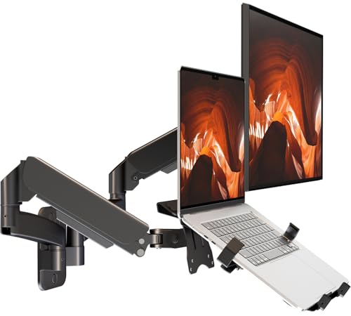 PUTORSEN Support mural pour écran avec plateau pour ordinateur portable, support mural 2 en 1 pour double moniteur