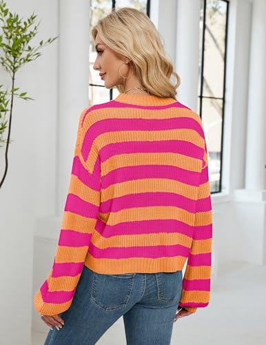 Image of Libsorge Womens Oversized Lightweight Cute Striped Cropped Sweater Spring 2025 Knitted Crew Neck Thin Crop Pullover Tops
