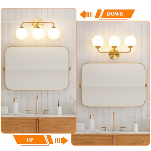 Image of Modern Brushed Gold 3-Lights Vanity Light Fixtures with Milky White Glass Ball Shades, Mid Century Brass Wall Sconce Lighting Fixtures over Mirror, Wall Sconces for Bathroom Dressing Table Bedroom