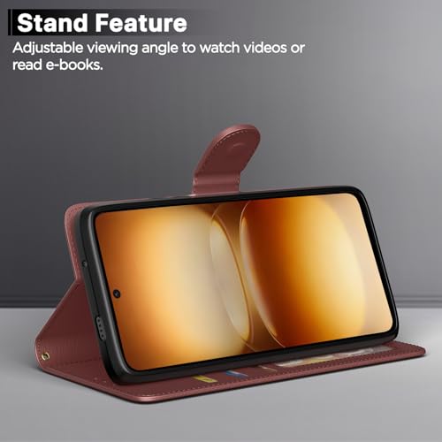 Image of Amazon Basics Flip Cover for iQOO 15R 5G Leather Finish | Wallet Stand and Shock Proof | Inside TPU with Card Pockets | Complete Protection Flip Case (Brown)