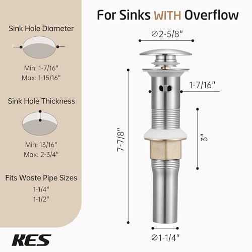 KES All Metal Bathroom Sink Drain with Strainer Basket Hair Catcher Anti Clog Pop Up Drain Stopper for Vanity Vessel Sink with Overflow, Rustproof 18/8 Stainless Steel Brushed Nickel S2013A-BN