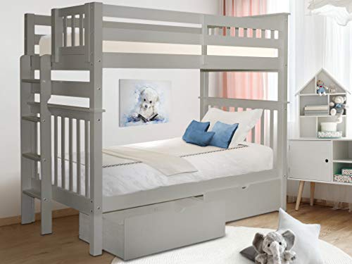 Bedz King Tall Bunk Beds Twin over Twin Mission Style with End Ladder and 2 Under Bed Drawers, Gray