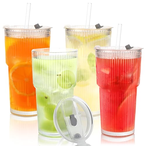 Jawell Lot de 4 gobelets en verre côtelé de 550 ml avec couvercles et pailles, pour café glacé, cocktail, matcha, smoothie, jus et boissons froides