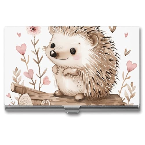 Slim Metal Business Card Holder - Hedgehog Sitting on Top Aluminum Alloy Card Case with Buckle Closure, Holds 20 Cards & Cash, Professional Credit Card Size ID Holder for Men Women Gift
