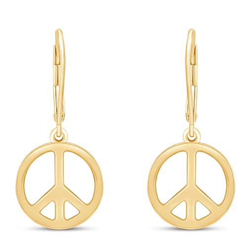 Jewel Zone Us Women's Glossy Peace Sign Dangle Earrings In Yellow Gold Over Sterling Silver #TOP15