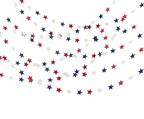 Image of 8 Strands Patriotic Star Streamers Banner Garland Red White Blue for 4th of July Memorial Day Independence Day Celebration Veterans Day Party Holiday Decorations (8pack Banner Garland)