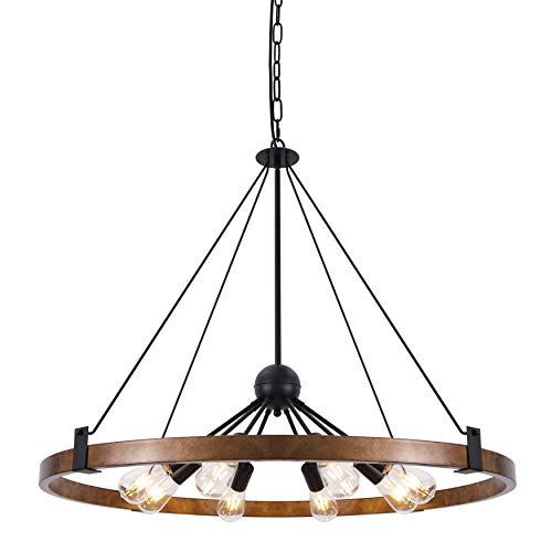 Wellmet Farmhouse Chandelier Diam 38'', Large Wagon Wheel Chandelier Wild West for Dining Room, Rustic Metal Finish with 8 Lights Sputnik Chandelier