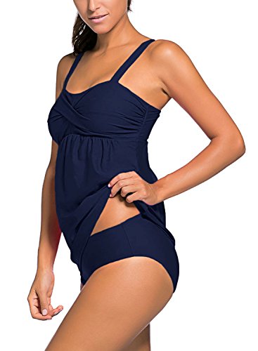 Actloe Women's Two Pieces Swimwear Ruched Tankini Top with Triangle Bottoms S-XXXL Blue XXX-Large - Thumbnail 3