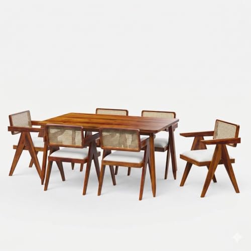 Image of Wooden Dining Table Set with 4 Chairs, Natural Oak, Rectangular, Modern Style, Cane Back Chairs with Cushions (Whie Cushion Table (150 cm x 90cm,)