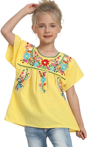 Image of YZXDORWJ Mexican Blouse for Girls Traditional Embroidered Summer Short Sleeve Peasant Blouse for Kids