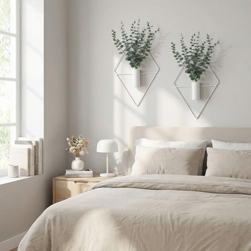 Image of Jexine Hanging Planters with Artificial Eucalyptus Metal Hanging Vase Indoor Plants Holder Modern Geometric Boho Bathroom Wall Decor for Living Room Home Office(White,4 Pcs)