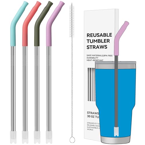 30 oz Straight Stainless Steel Straws with Bent Silicone Tips for YETI