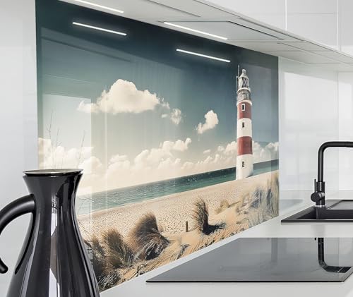timalo Spritzschutz Wand für Herd, Küche Küchenrückwand Glasoptik | Acryl Glas 2mm | Glasrückwand Acrylglas Wandpaneele Rückwandschutz Platte | 80x50cm Leuchtturm Meer Strand