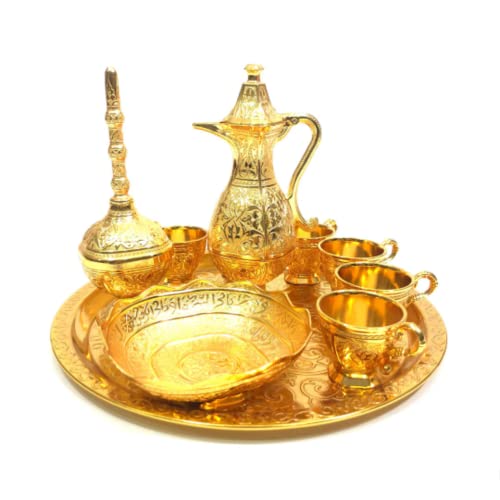 VOGUEHOMEDECOR Vintage Metal Turkish Coffee Tea Zamzam Water Pot Drinking Set | Serving Tray, Pot, 6 Cups, Bowl Sets | Mid Century Coffee Teapot Set, Turkish Islamic Decoration (Gold)