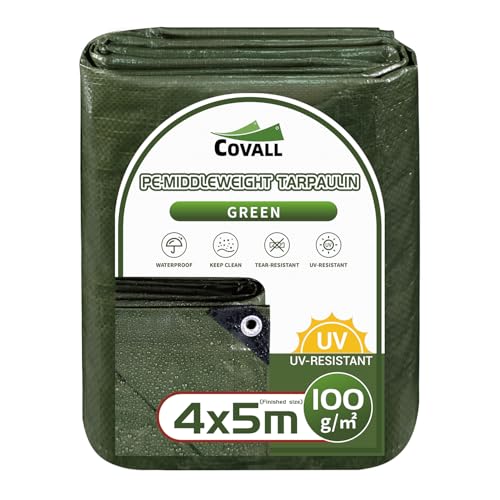 COVALL Tarpaulin Green Tarpaulin 4m x 5m-100g/m² Plastic Sheeting Groundsheet With Eyelets Weatherproof Windproof UV & Tear Resistant Camping Tarp Garden Wood Roof Sandbox Boats Truck RV Car