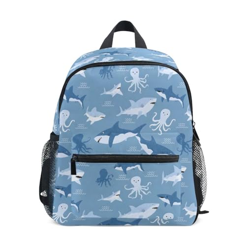 panksolu Blue Octopus Shark Toddler Backpack for Boys Girls,Kid Backpack with Chest Clip and Name Tag, S