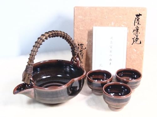 Satsuma Ware Shenjukan Kiln Fifteenth Shenjukan Sake & 3 Cups, Chiyoka, Choshi, Katakuchi Sake Ceremony. *Wooden box is not included if shipped overseas