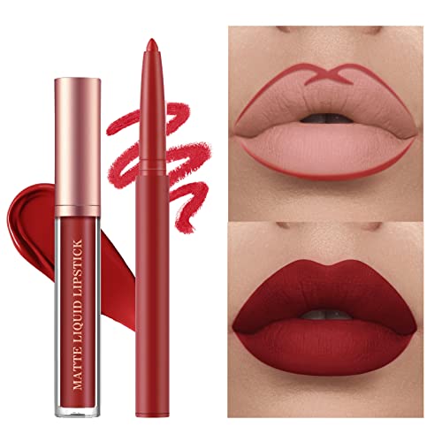 Bestland 6Pcs Matte Liquid Lipstick And Lip Liner Set, Non-Stick Cup Not Fade Waterproof Nude Lipstick Makeup Kits Velvety Nude Lipliner Lip Gloss Make Up Gift Set (Set E) #TOP3