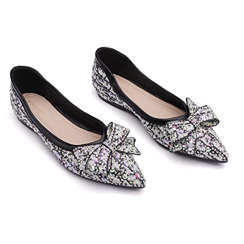 Pearl Decoration Women's Flat Bottom Pointed Toe One Step Flat Bottom Flat Bottom Shoes Black Size 9 #TOP1