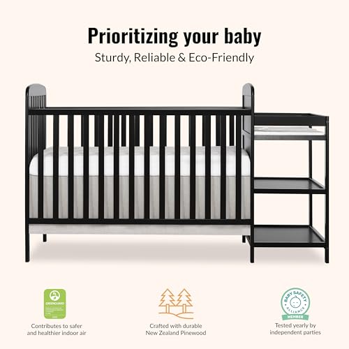 Image of Dream On Me Anna 3-in-1 Convertible Full-Size Baby Crib & Changer with Storage in Black, GreenGuard Gold & BSA, Pinewood, Converts to Day & Toddler Bed, 3 Mattress Heights, 1″ Changing Pad