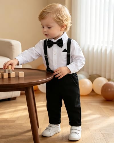 Image of SALNIER Baby Boy Suit Set Infant Formal Outfit Tuxedo | Soft Cotton Shirt Suspenders Pants Bow Tie Beret Hat 5pcs Set, For Wedding Baptism Birthday Party