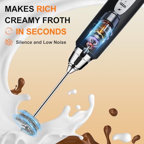 Image of YUSWKO Black Handheld Milk Frother Wand with Stand for Coffee, Rechargeable Electric Whisk with 3 Heads 3 Speeds Drink Mixer Coffee Frother For Latte, Cappuccino, Hot Chocolate, Egg