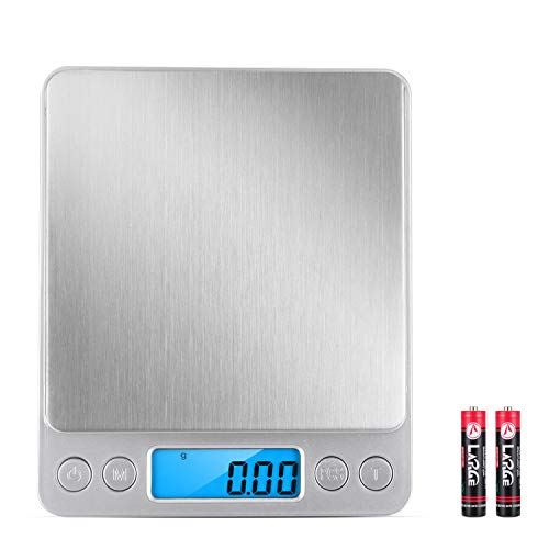 Balepha Digital Kitchen Scale, 500g/0.01g Mini Pocket Food Scale Multifunctional for Cooking, Baking, Jewelry Weight with Trays, Backlit Light Display, Tare/PCS Function, 6 Units, Auto Off (Silver)